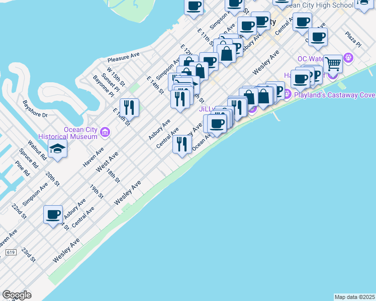 map of restaurants, bars, coffee shops, grocery stores, and more near 1425 Wesley Avenue in Ocean City