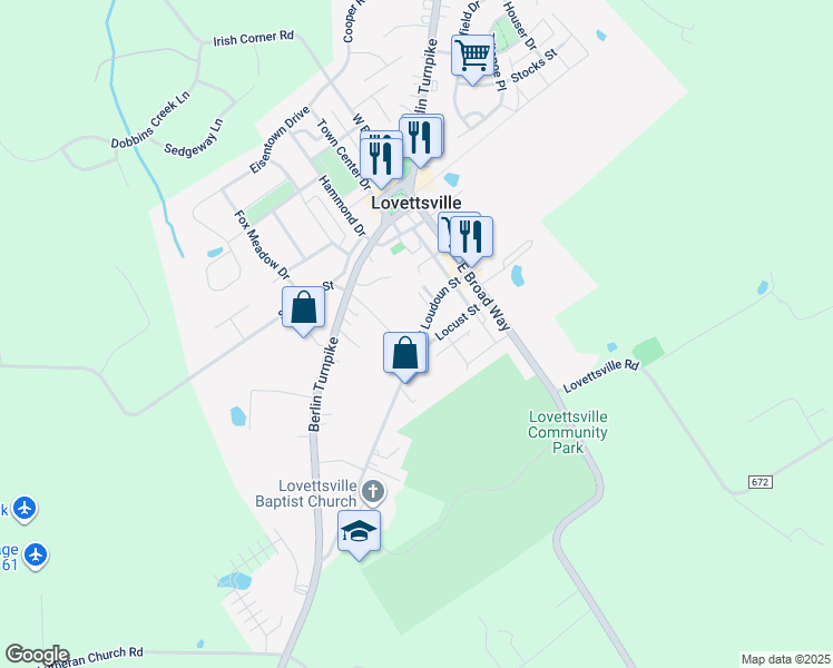 map of restaurants, bars, coffee shops, grocery stores, and more near 16 South Loudoun Street in Lovettsville
