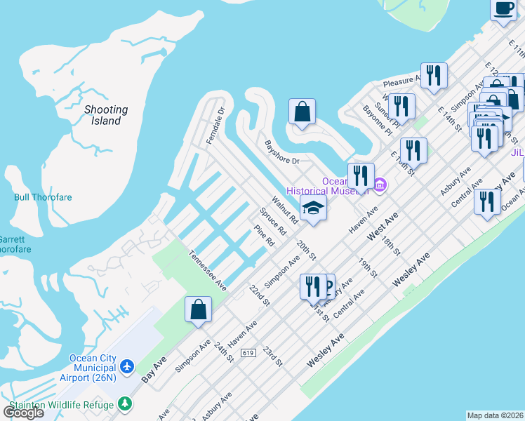map of restaurants, bars, coffee shops, grocery stores, and more near Spruce Road & Rosemar Lane in Ocean City
