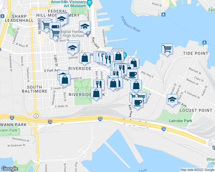 map of restaurants, bars, coffee shops, grocery stores, and more near E Heath St & Webster St in Baltimore