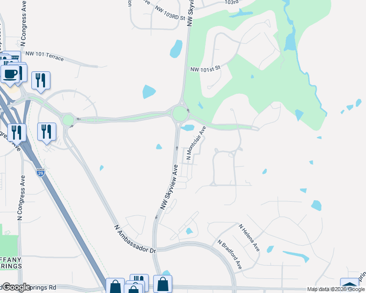 map of restaurants, bars, coffee shops, grocery stores, and more near 9594-9732 Northwest Skyview Avenue in Kansas City