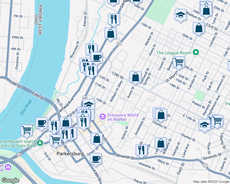 map of restaurants, bars, coffee shops, grocery stores, and more near 215 11th Street in Parkersburg