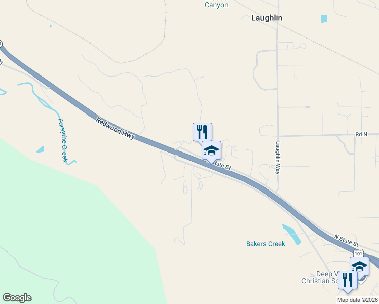 map of restaurants, bars, coffee shops, grocery stores, and more near 9721 North State Street in Redwood Valley