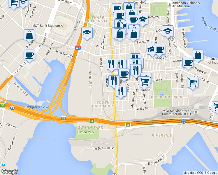 map of restaurants, bars, coffee shops, grocery stores, and more near 1617 Clarkson Street in Baltimore