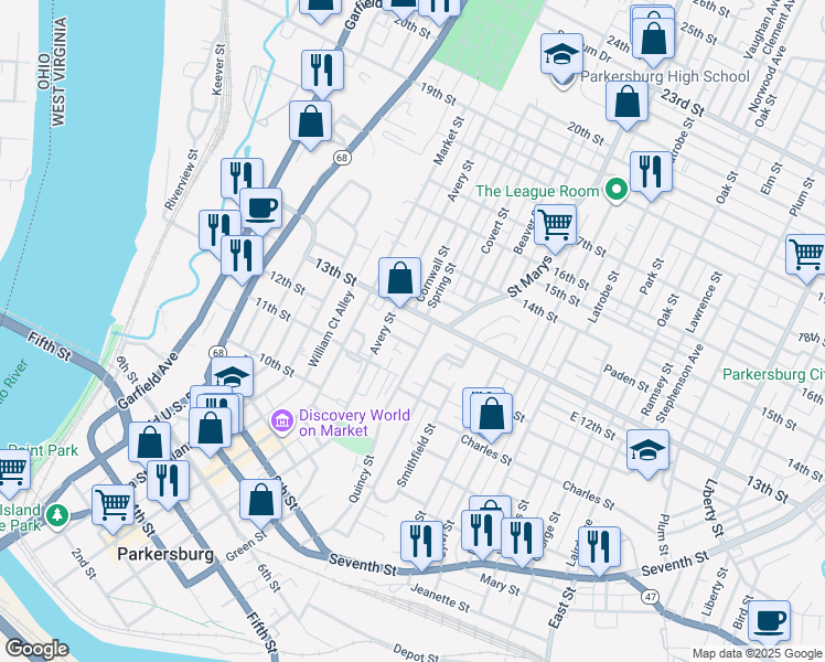 map of restaurants, bars, coffee shops, grocery stores, and more near 500 13th Street in Parkersburg