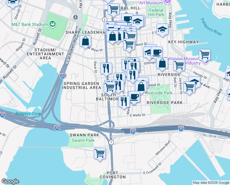 map of restaurants, bars, coffee shops, grocery stores, and more near 1628 South Charles Street in Baltimore