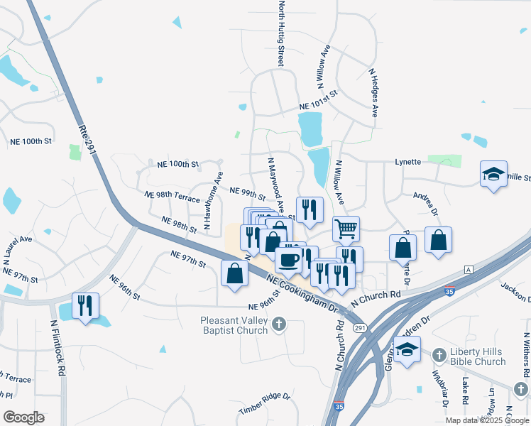 map of restaurants, bars, coffee shops, grocery stores, and more near 10103 Northeast 99th Street in Kansas City