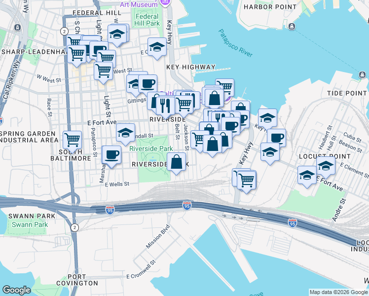 map of restaurants, bars, coffee shops, grocery stores, and more near 1648 Jackson Street in Baltimore
