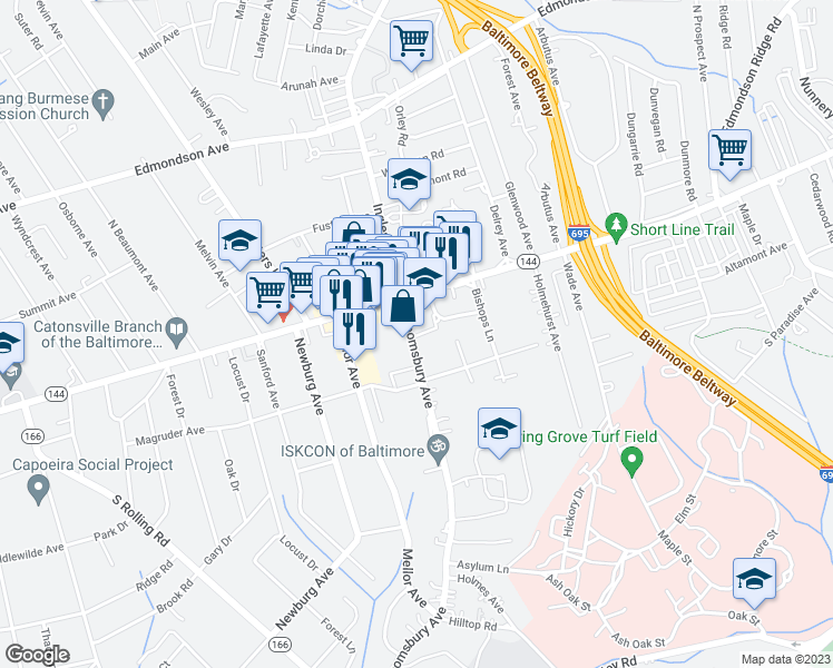 map of restaurants, bars, coffee shops, grocery stores, and more near 25 Bloomsbury Avenue in Catonsville