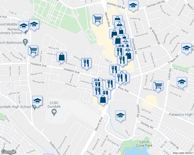 map of restaurants, bars, coffee shops, grocery stores, and more near Holabird Ave & Searles Rd in Dundalk