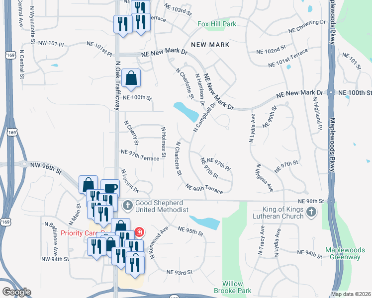 map of restaurants, bars, coffee shops, grocery stores, and more near 9709 North Campbell Drive in Kansas City