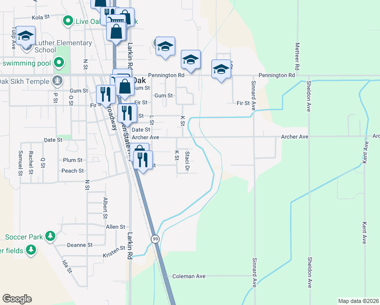 map of restaurants, bars, coffee shops, grocery stores, and more near 2246 Belle Street in Live Oak