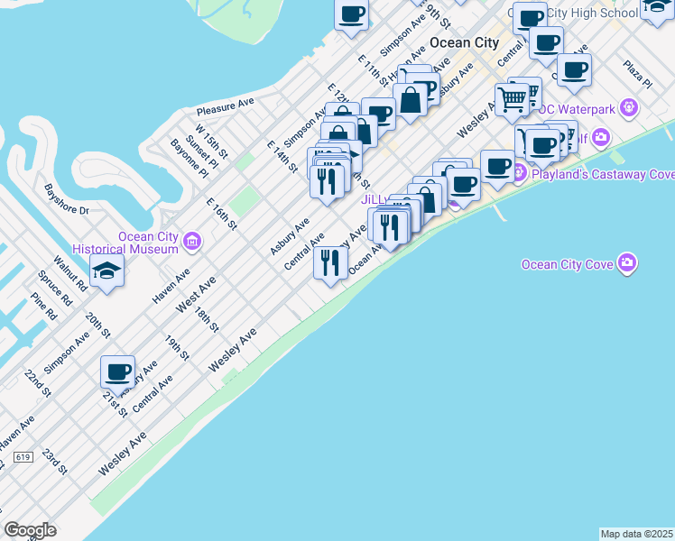 map of restaurants, bars, coffee shops, grocery stores, and more near 1425 Wesley Avenue in Ocean City