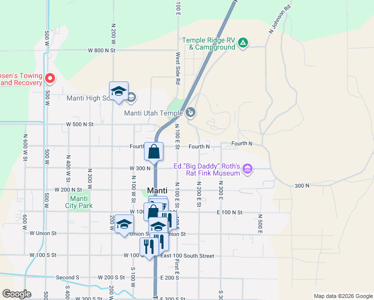 map of restaurants, bars, coffee shops, grocery stores, and more near 144 East 400 North Street in Manti