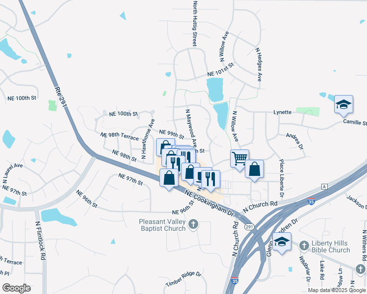 map of restaurants, bars, coffee shops, grocery stores, and more near 10103 Northeast 99th Street in Kansas City