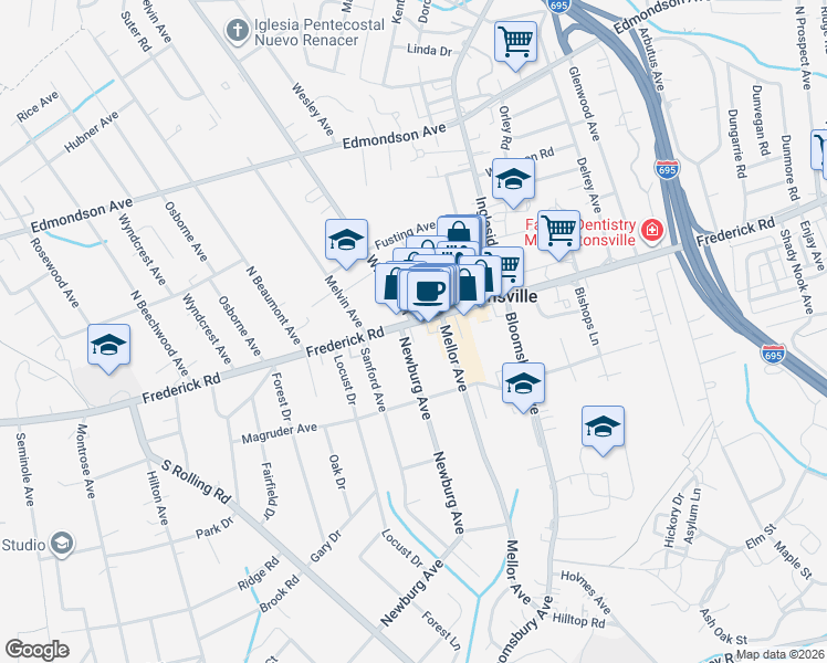 map of restaurants, bars, coffee shops, grocery stores, and more near 829 Frederick Road in Catonsville