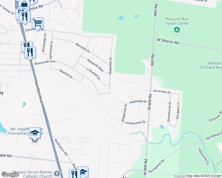 map of restaurants, bars, coffee shops, grocery stores, and more near 10744 Maplehill Drive in Cincinnati