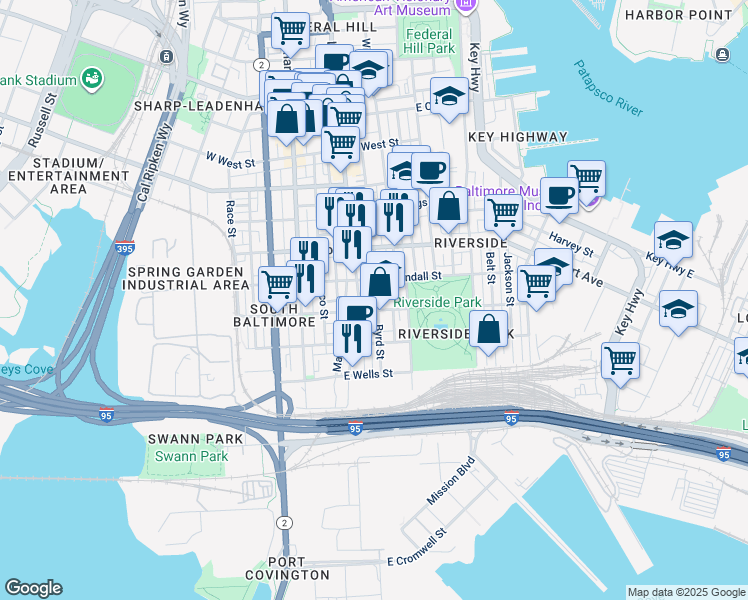 map of restaurants, bars, coffee shops, grocery stores, and more near 100 East Heath Street in Baltimore