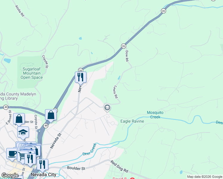 map of restaurants, bars, coffee shops, grocery stores, and more near 15148 Lewis Road in Nevada City