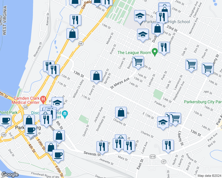 map of restaurants, bars, coffee shops, grocery stores, and more near 601 13th Street in Parkersburg