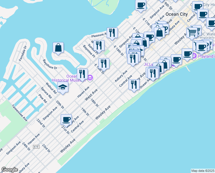 map of restaurants, bars, coffee shops, grocery stores, and more near 1626 Asbury Avenue in Ocean City