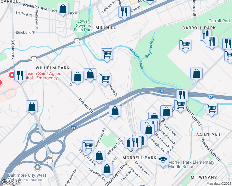 map of restaurants, bars, coffee shops, grocery stores, and more near 1221 Bernard Dr in Baltimore