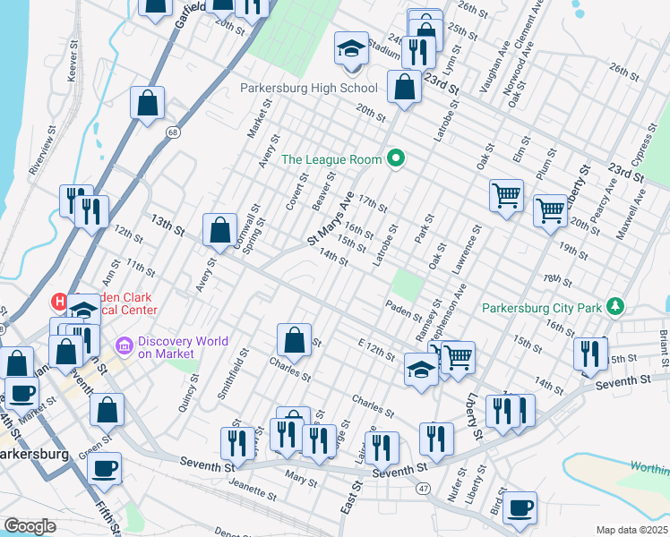map of restaurants, bars, coffee shops, grocery stores, and more near 827 14th Street in Parkersburg