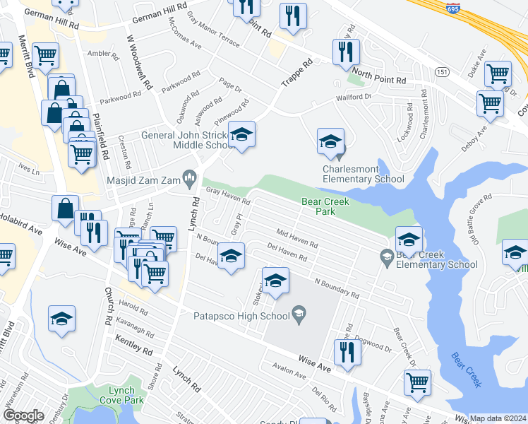 map of restaurants, bars, coffee shops, grocery stores, and more near 8019 Gray Haven Road in Dundalk