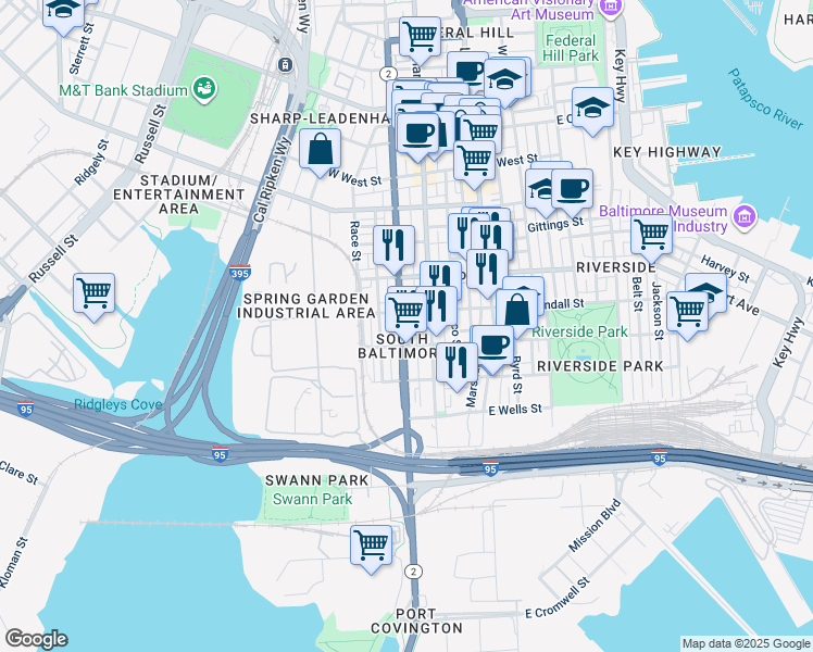 map of restaurants, bars, coffee shops, grocery stores, and more near 1619 South Hanover Street in Baltimore