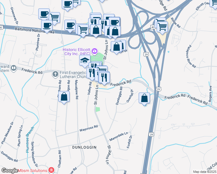 map of restaurants, bars, coffee shops, grocery stores, and more near 9049 Frederick Road in Ellicott City