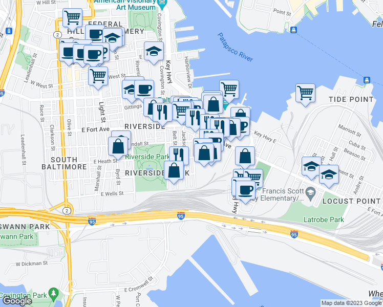 map of restaurants, bars, coffee shops, grocery stores, and more near 1624 Webster Street in Baltimore