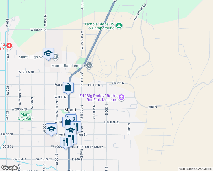 map of restaurants, bars, coffee shops, grocery stores, and more near 395 North 300 West in Manti