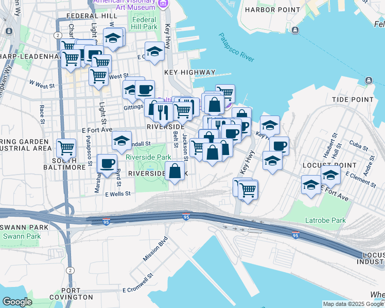 map of restaurants, bars, coffee shops, grocery stores, and more near 1624 Webster Street in Baltimore