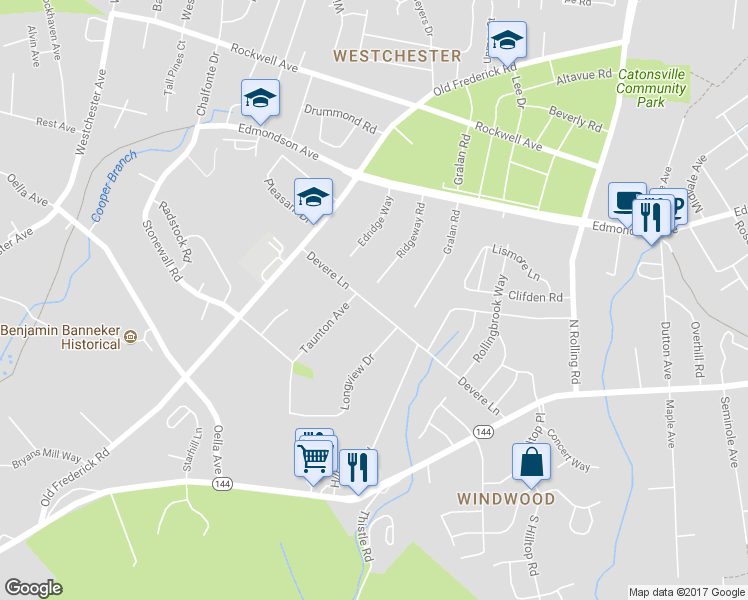 map of restaurants, bars, coffee shops, grocery stores, and more near 2120 Devere Lane in Catonsville