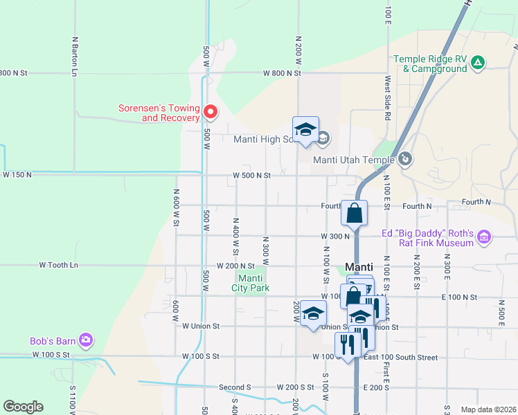map of restaurants, bars, coffee shops, grocery stores, and more near 395 North 300 West in Manti