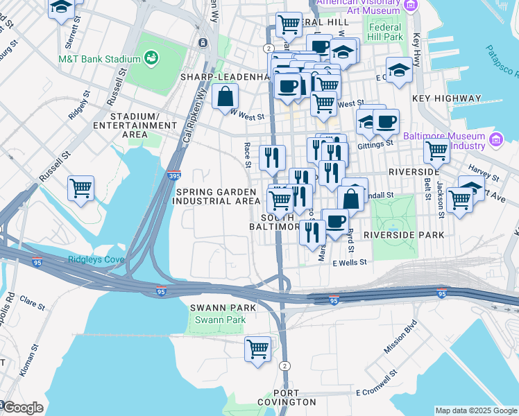 map of restaurants, bars, coffee shops, grocery stores, and more near 1600 Clarkson Street in Baltimore