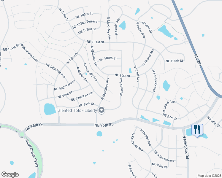 map of restaurants, bars, coffee shops, grocery stores, and more near 8618 Northeast 98th Court in Kansas City