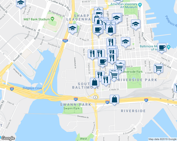 map of restaurants, bars, coffee shops, grocery stores, and more near 1600 Clarkson Street in Baltimore