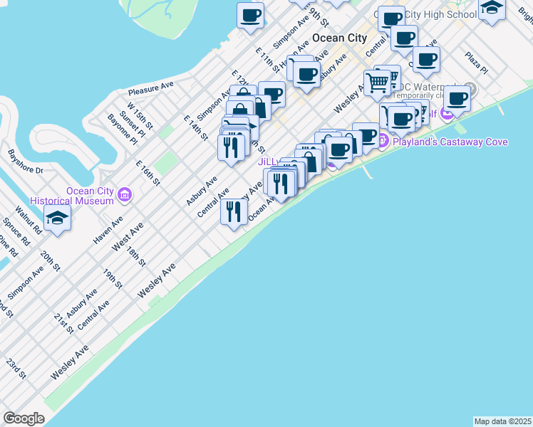 map of restaurants, bars, coffee shops, grocery stores, and more near 1404 Ocean Avenue in Ocean City