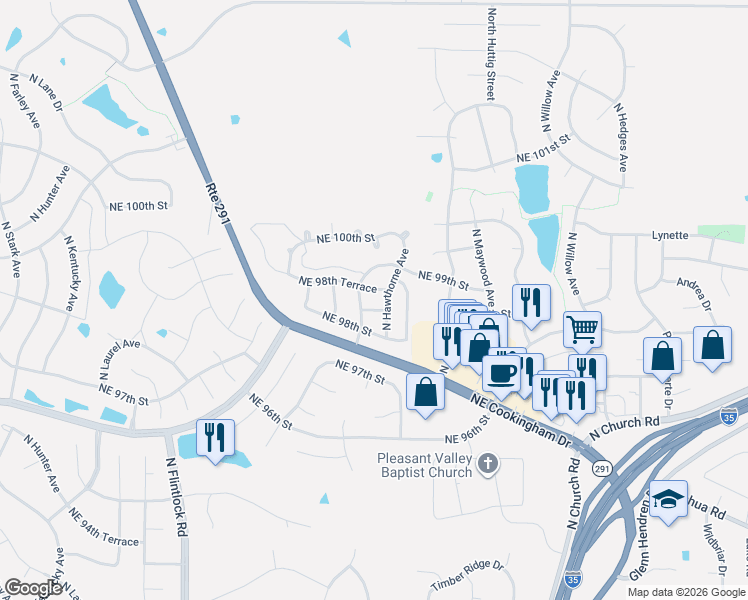 map of restaurants, bars, coffee shops, grocery stores, and more near 9835 Northeast 98th Terrace in Kansas City