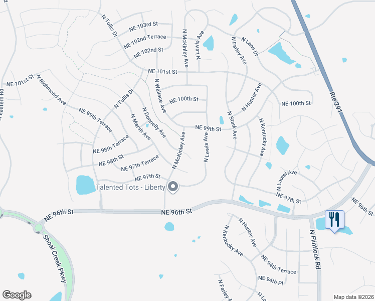 map of restaurants, bars, coffee shops, grocery stores, and more near 8618 Northeast 98th Court in Kansas City