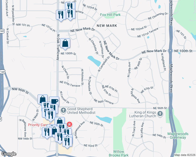 map of restaurants, bars, coffee shops, grocery stores, and more near 9709 North Campbell Drive in Kansas City