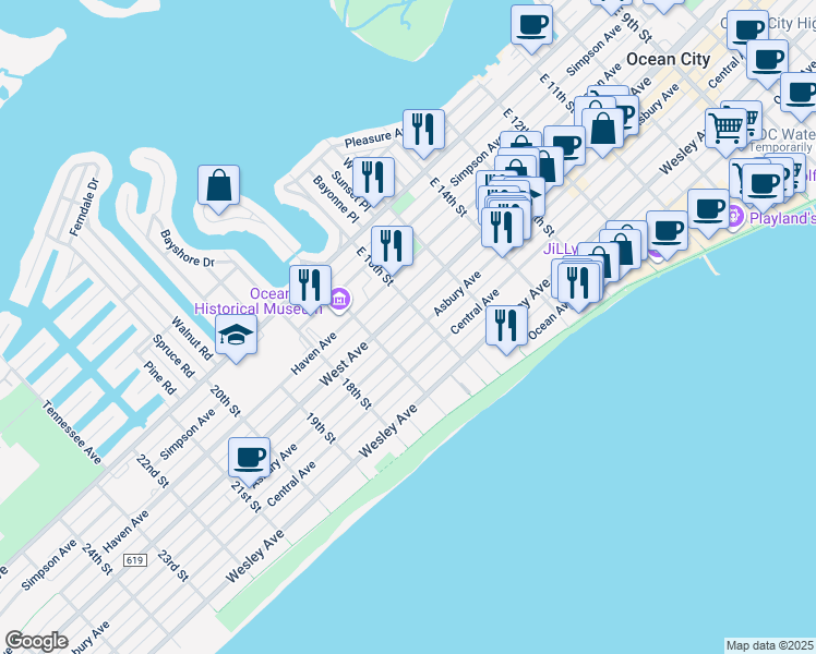 map of restaurants, bars, coffee shops, grocery stores, and more near 1626 Asbury Avenue in Ocean City