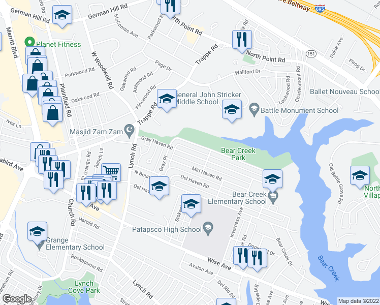 map of restaurants, bars, coffee shops, grocery stores, and more near 8030 Gray Haven Road in Dundalk