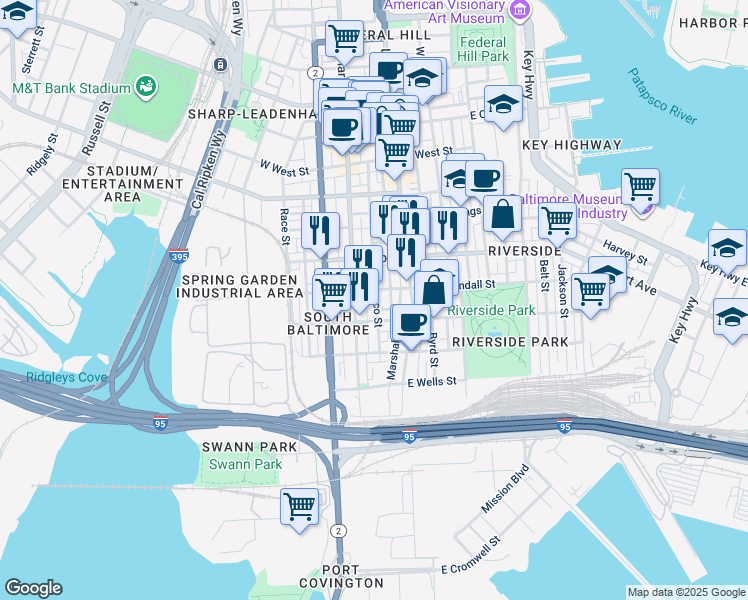 map of restaurants, bars, coffee shops, grocery stores, and more near 1600 Patapsco Street in Baltimore