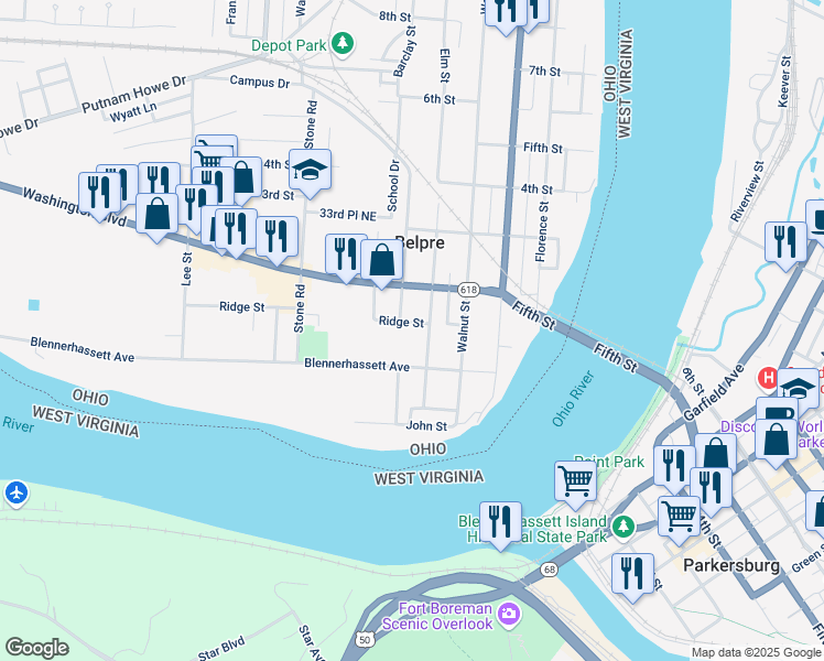 map of restaurants, bars, coffee shops, grocery stores, and more near 407 Ridge St in Belpre