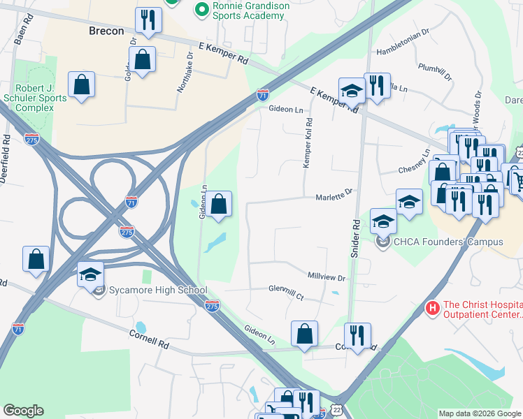 map of restaurants, bars, coffee shops, grocery stores, and more near 11292 Marlette Drive in Cincinnati