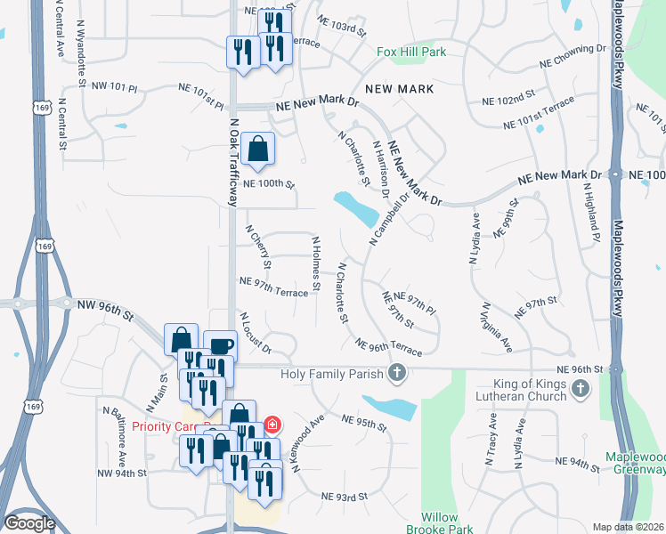 map of restaurants, bars, coffee shops, grocery stores, and more near 9804 North Charlotte Street in Kansas City