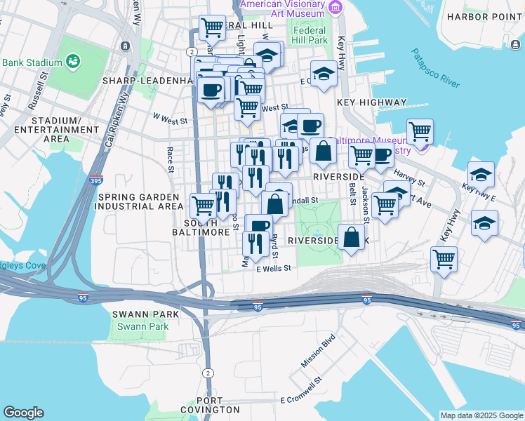 map of restaurants, bars, coffee shops, grocery stores, and more near 1613 Light Street in Baltimore
