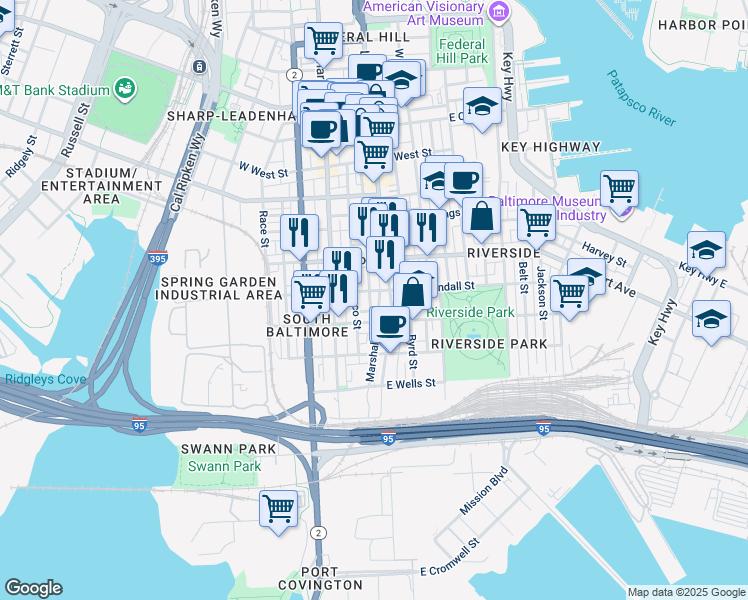 map of restaurants, bars, coffee shops, grocery stores, and more near 1601 Marshall Street in Baltimore